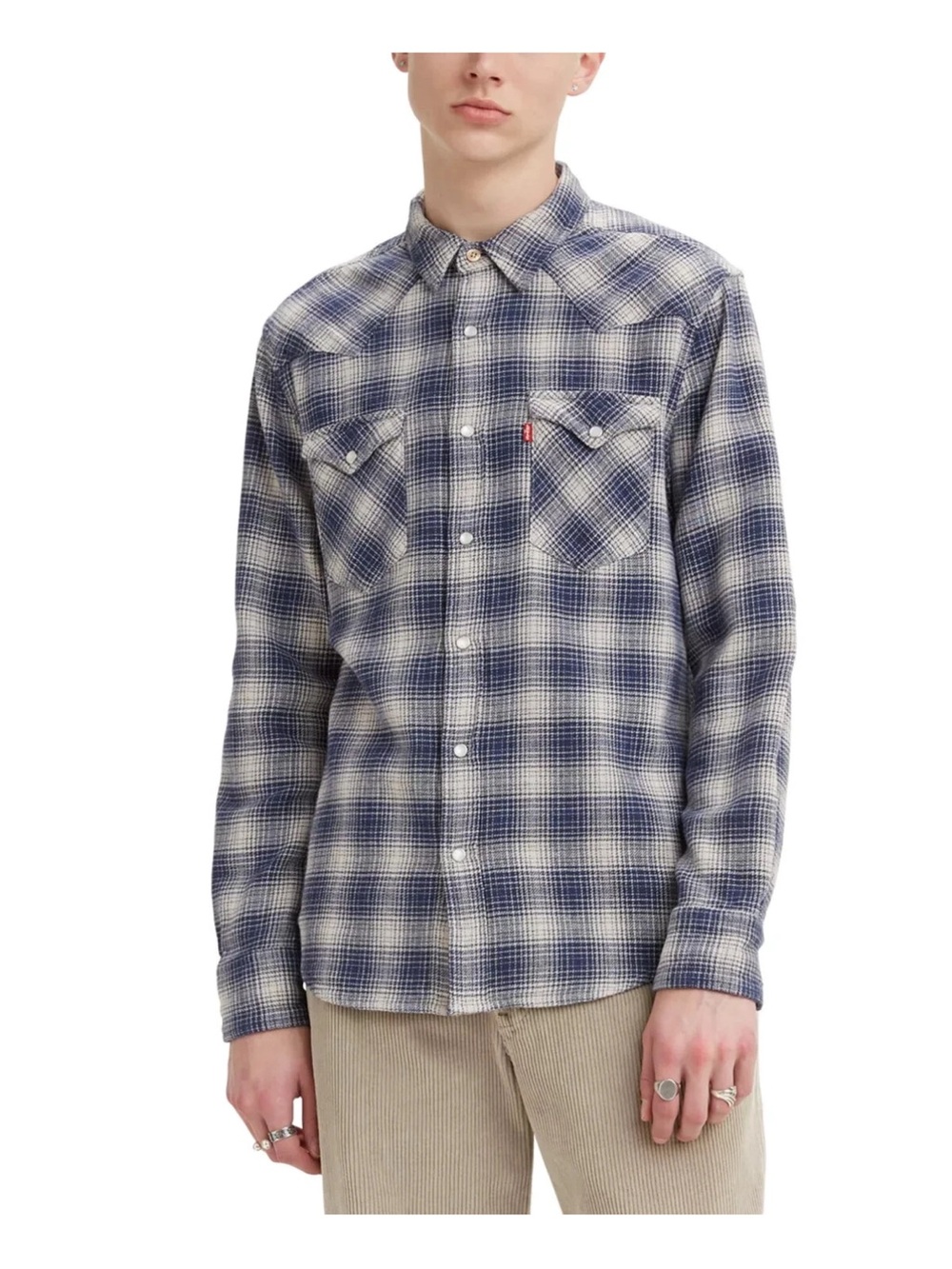 Levi's Men's Navy and White Plaid Snap-Down Shirt | L - Picture 1 of 5